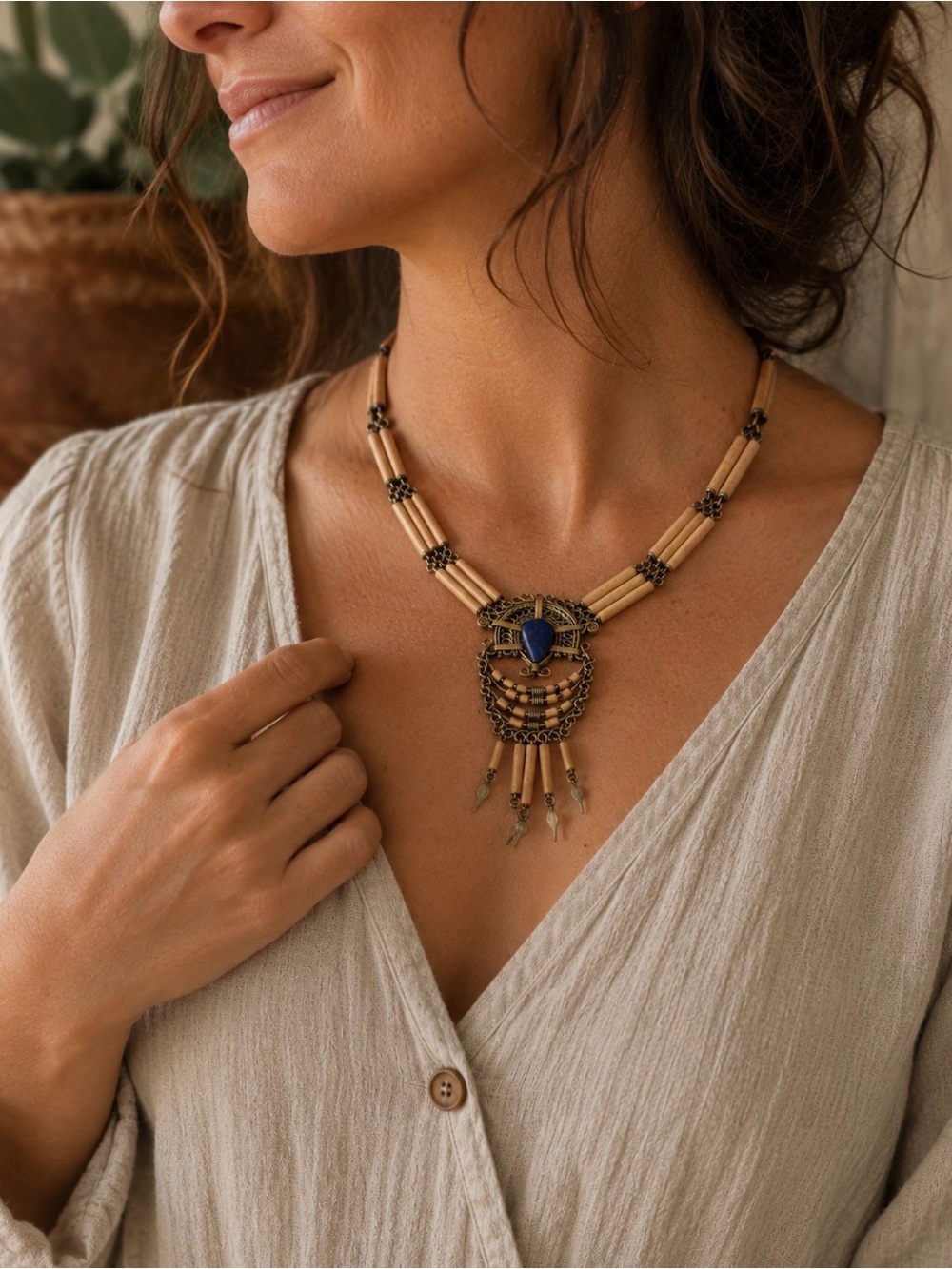 Vintage Handcrafted Peruvian Statement Necklace | Wood & Brass Tone Bib Pendant
